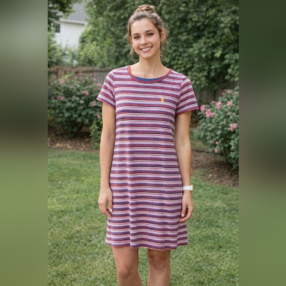 U.S. POLO ASSN. Pencil Knee Length Dress Red Blue White Striped L Pull On Logo